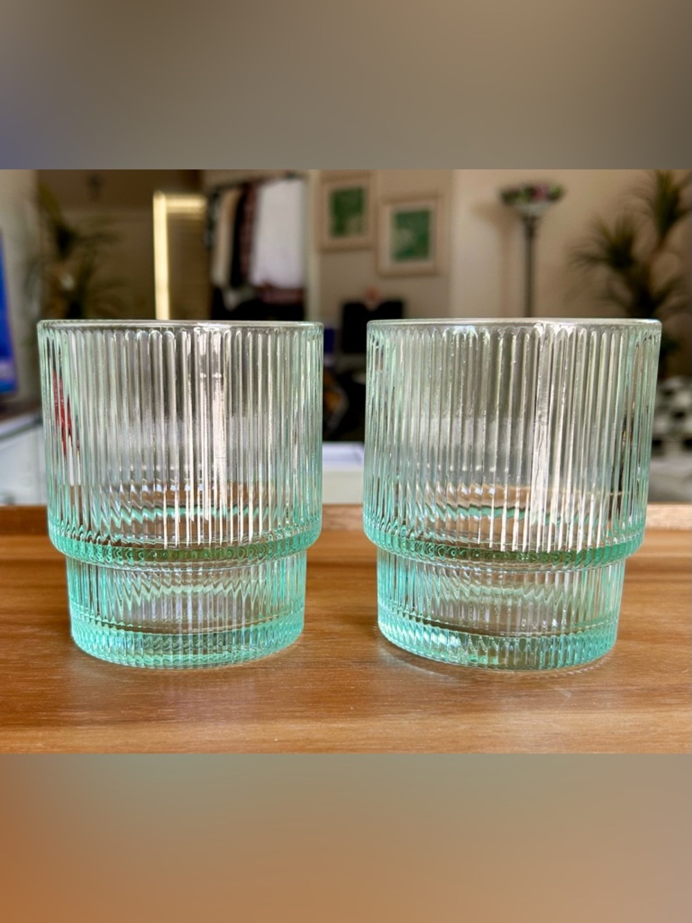 Jonathan Adler Signed Biba Ribbed Aquamarine 13 oz Glasses Set Of 2